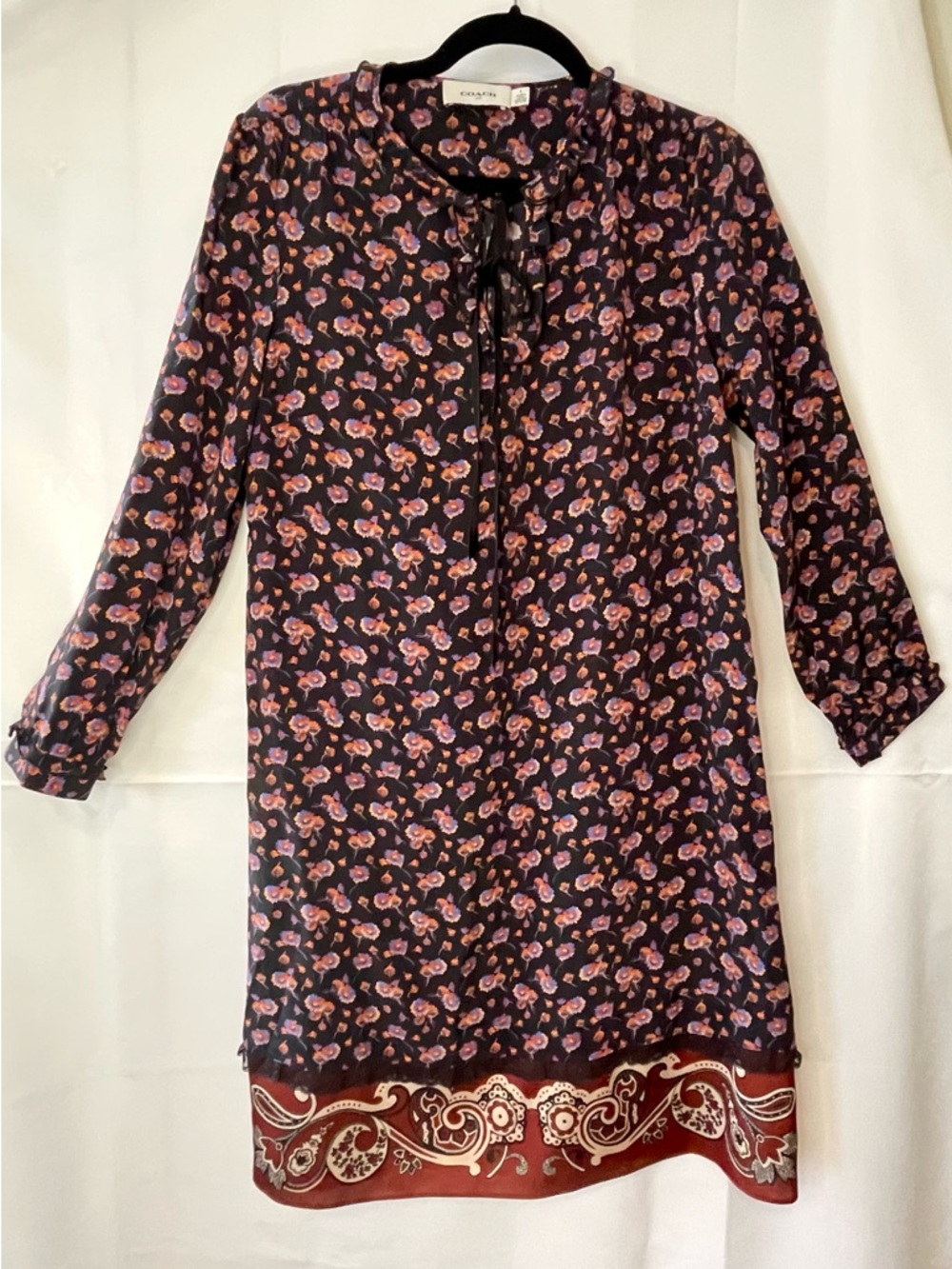 Coach Silk Floral Shift Dress – Velvet Tie Neck – Long Sleeve – Size 6